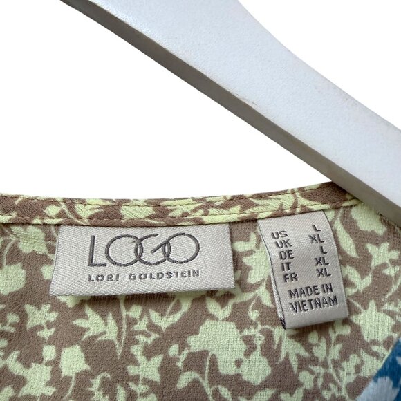 LOGO Lori Goldstein Blouse Large Blue Yellow Floral Ruffle Hem Boho Womens Top - Picture 4 of 7